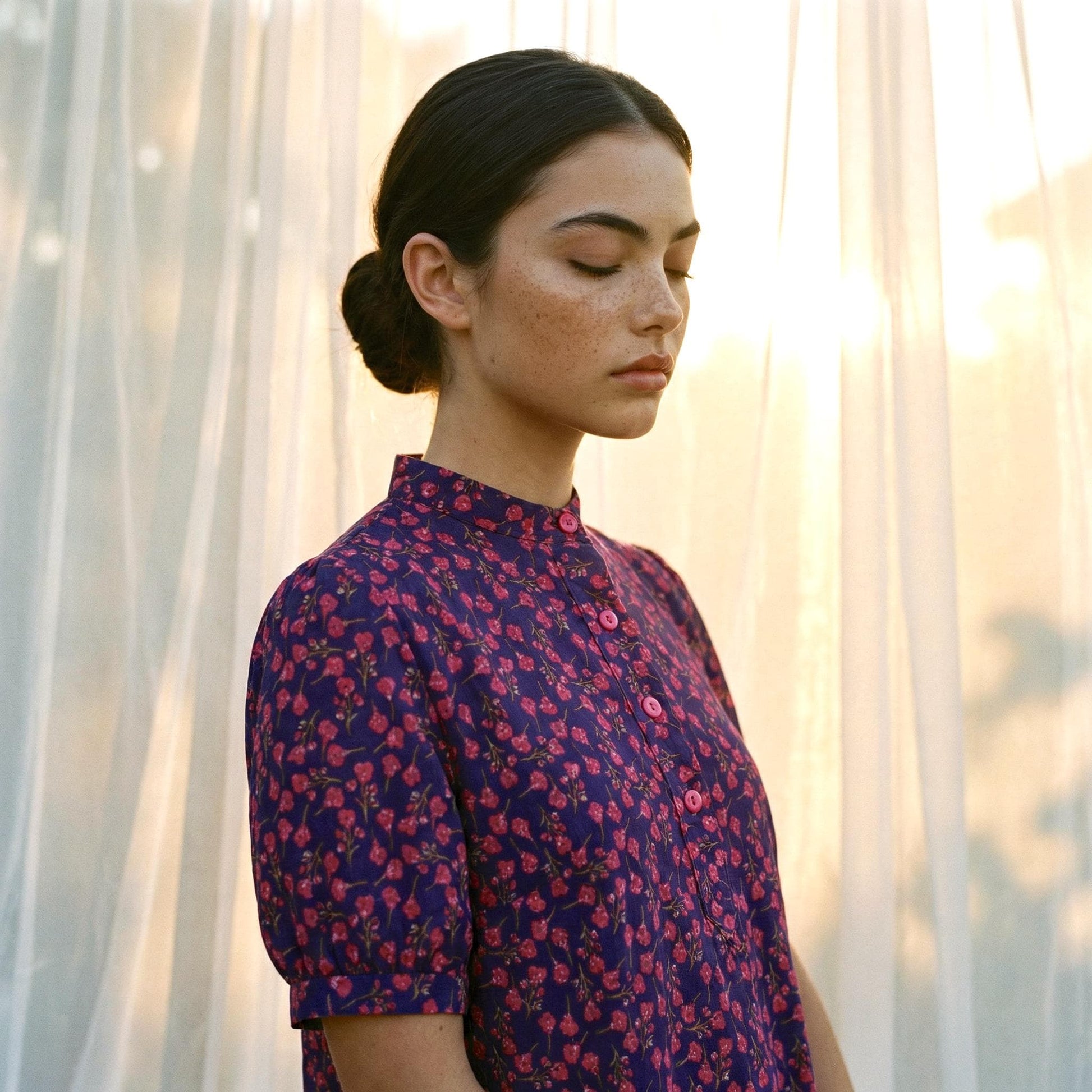 Liberty Mandarin Collar Shift Dress Short Sleeve