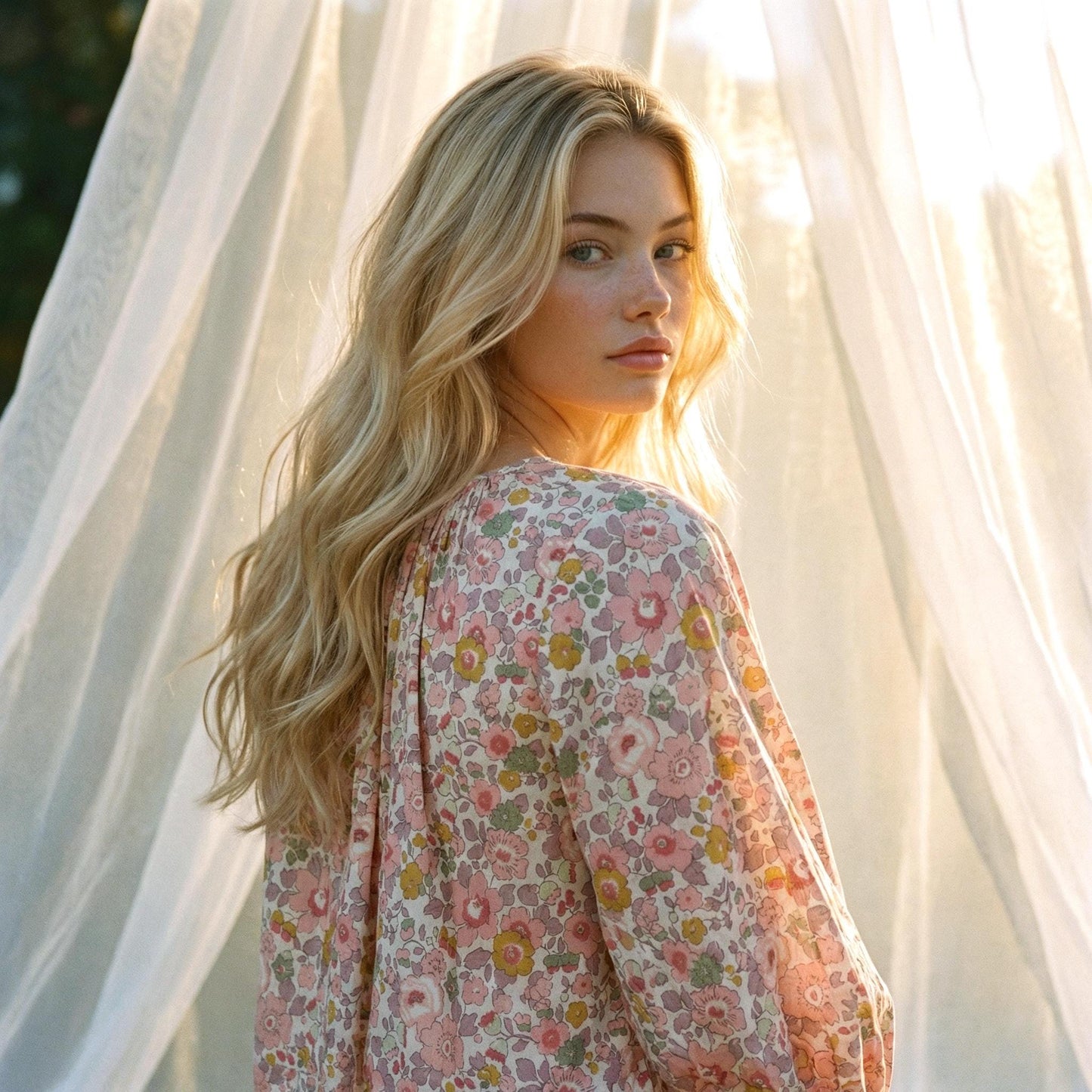 Liberty London Pastel-coloured Floral Botanical Gathered Blouse, Three-quarter Bishop Sleeves Shirt, Handcrafted Tailoring Clothing