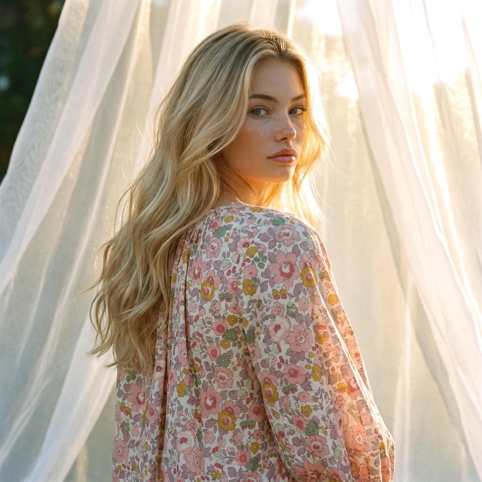 Liberty London Pastel-coloured Floral Botanical Gathered Blouse, Three-quarter Bishop Sleeves Shirt, Handcrafted Tailoring Clothing