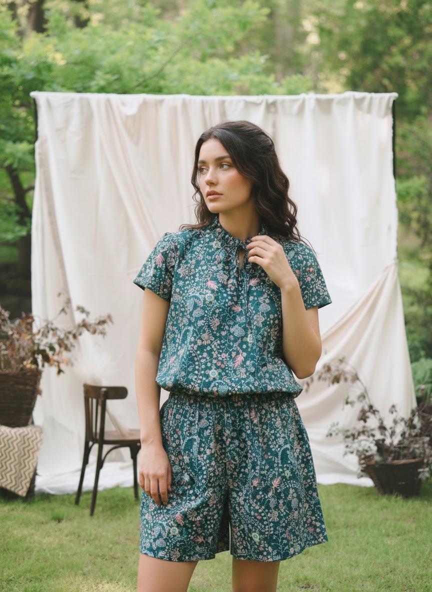 Liberty London Floral Print Lounge Set, Ruffle Collar Short Sleeve Top Wide Leg Shorts