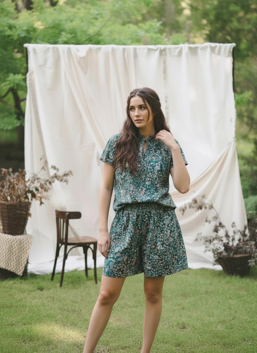 Liberty London Floral Print Lounge Set, Ruffle Collar Short Sleeve Top Wide Leg Shorts