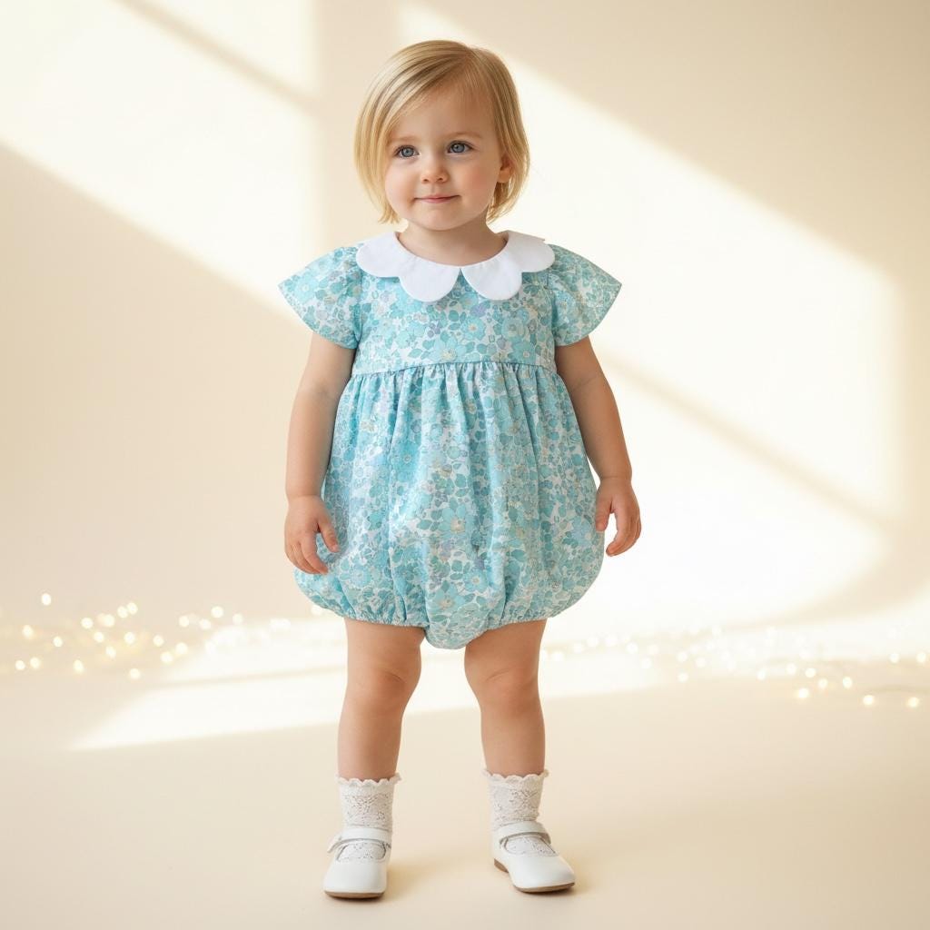 Liberty London Floral Print Bubble Romper, Pastel Blue Collared Short Sleeves Cotton Handmade Playsuit