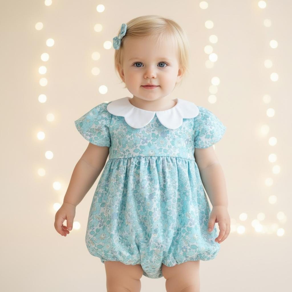 Liberty London Floral Print Bubble Romper, Pastel Blue Collared Short Sleeves Cotton Handmade Playsuit