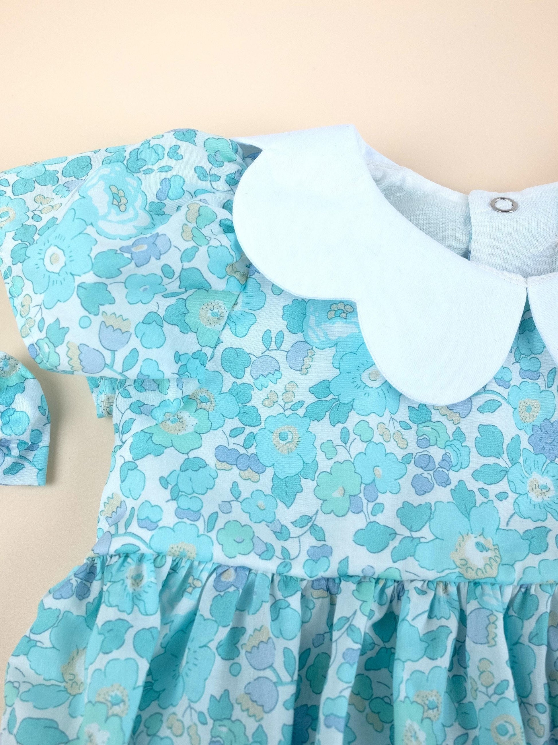 Liberty London Floral Print Bubble Romper, Pastel Blue Collared Short Sleeves Cotton Handmade Playsuit