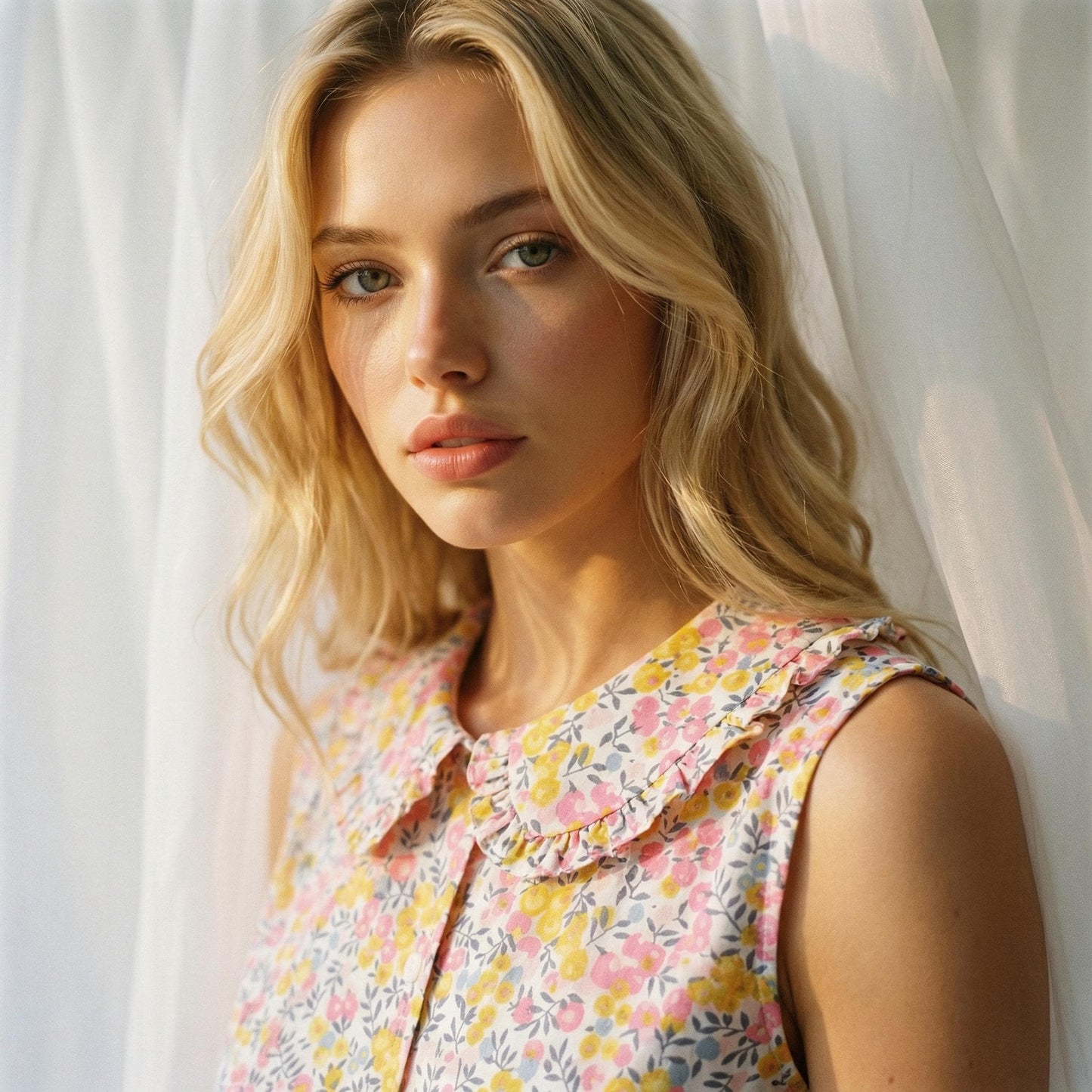 Liberty London Sleeveless Frilled Peter-Pan Collared Button-up Blouse, Tailoring Handmade Clothing, Sustainable Botanical Womenswear