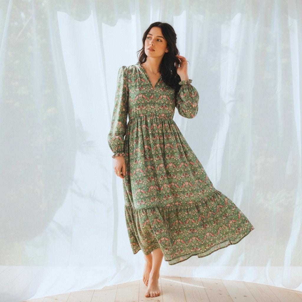 Renaissance Liberty Print Smock Dress: Botanical Ditsy Floral, Long Sleeve Midi Dress, Square Neck