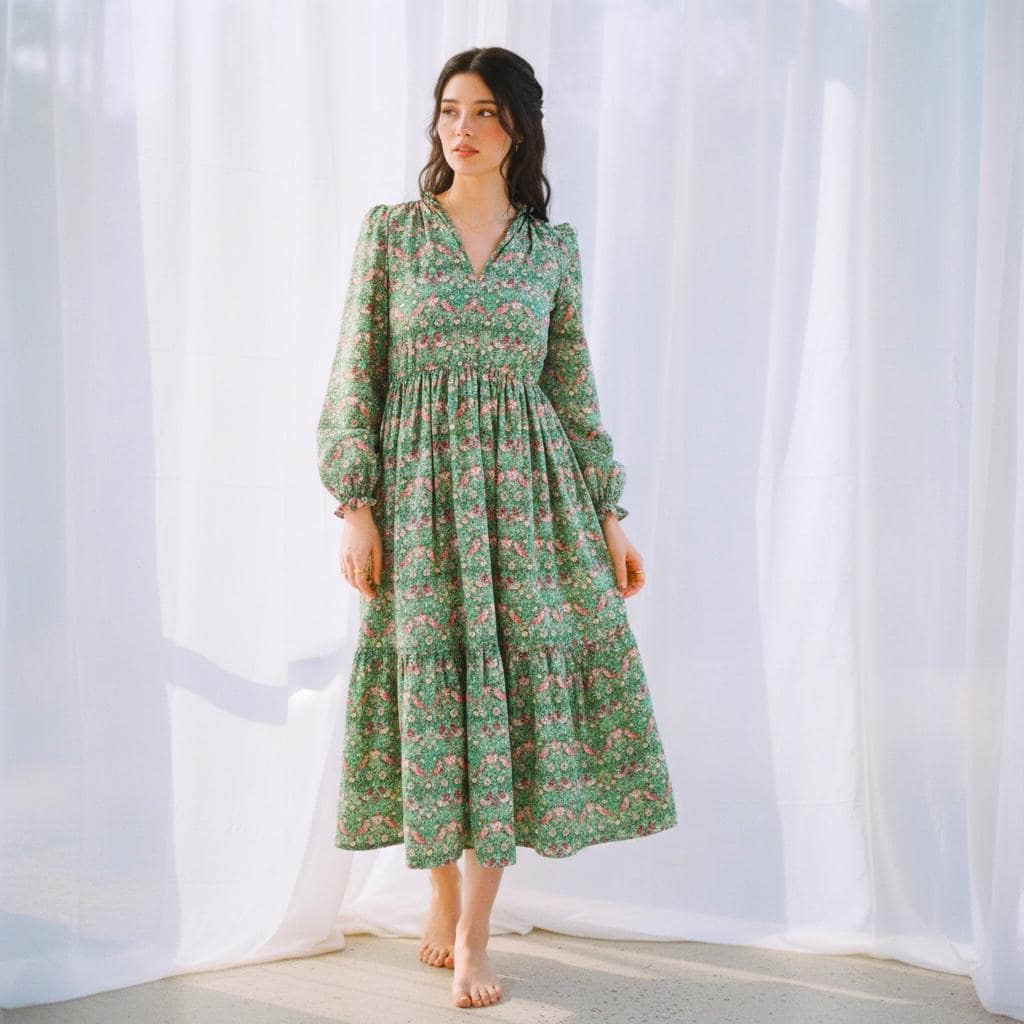 Renaissance Liberty Print Smock Dress: Botanical Ditsy Floral, Long Sleeve Midi Dress, Square Neck