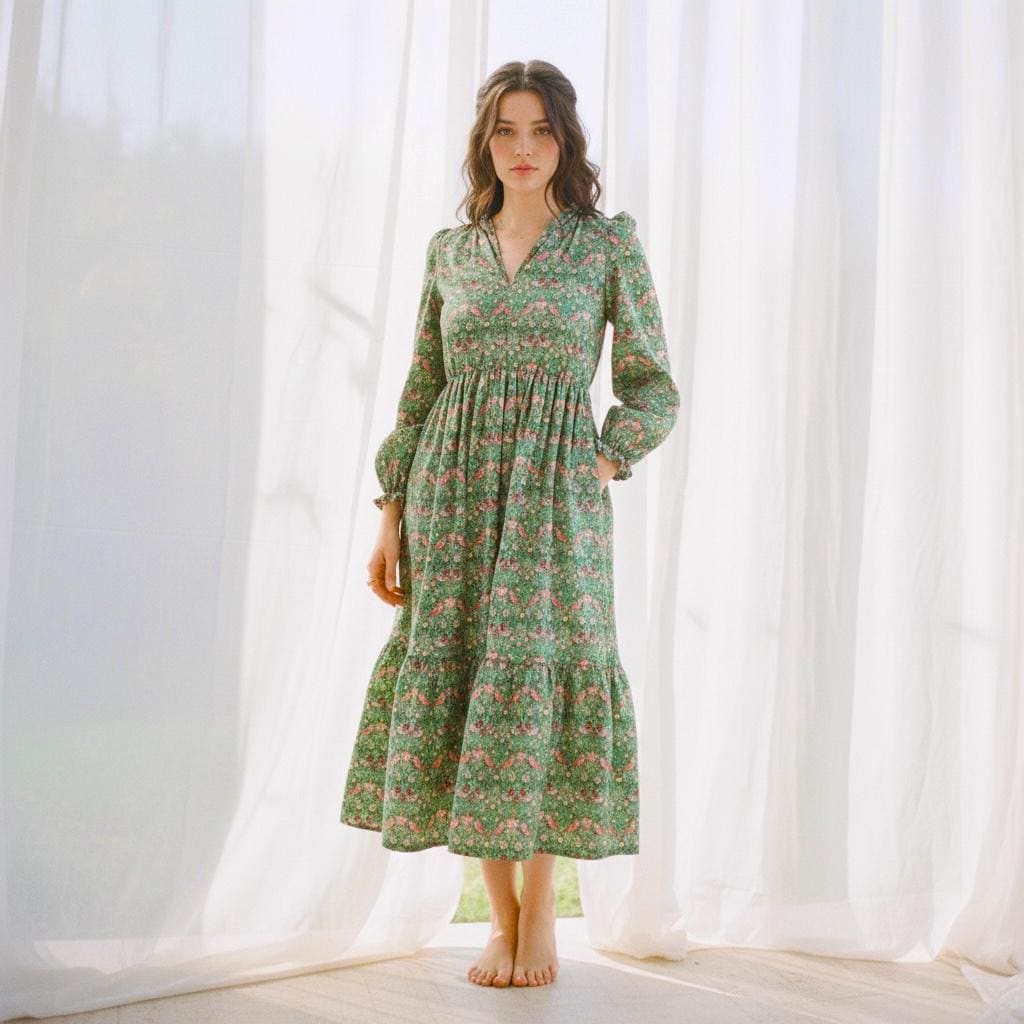 Renaissance Liberty Print Smock Dress: Botanical Ditsy Floral, Long Sleeve Midi Dress, Square Neck