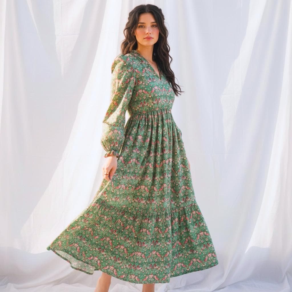 Renaissance Liberty Print Smock Dress: Botanical Ditsy Floral, Long Sleeve Midi Dress, Square Neck