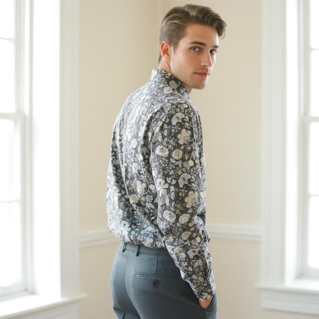 Liberty London Button Up Long Sleeves Dress Shirt, Slim Fit Handmade Floral Print Chemise