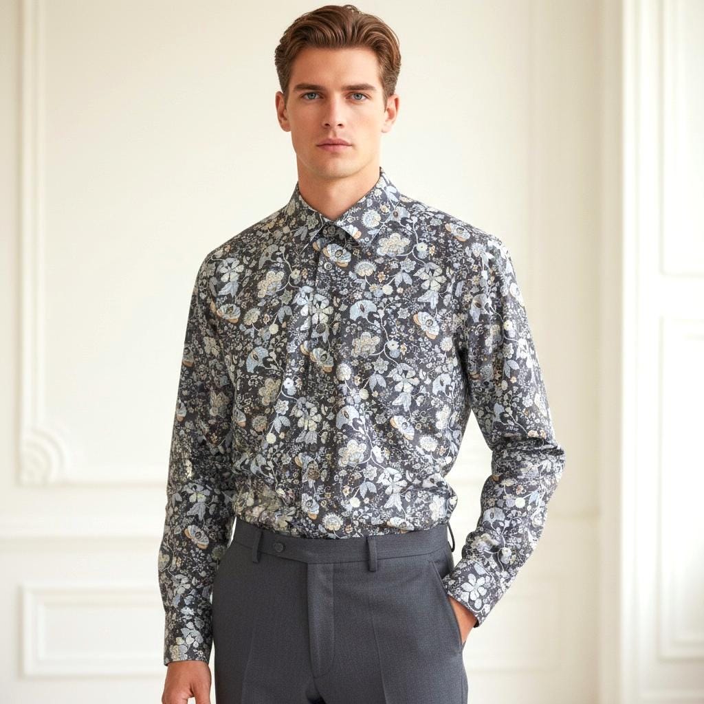 Liberty London Button Up Long Sleeves Dress Shirt, Slim Fit Handmade Floral Print Chemise