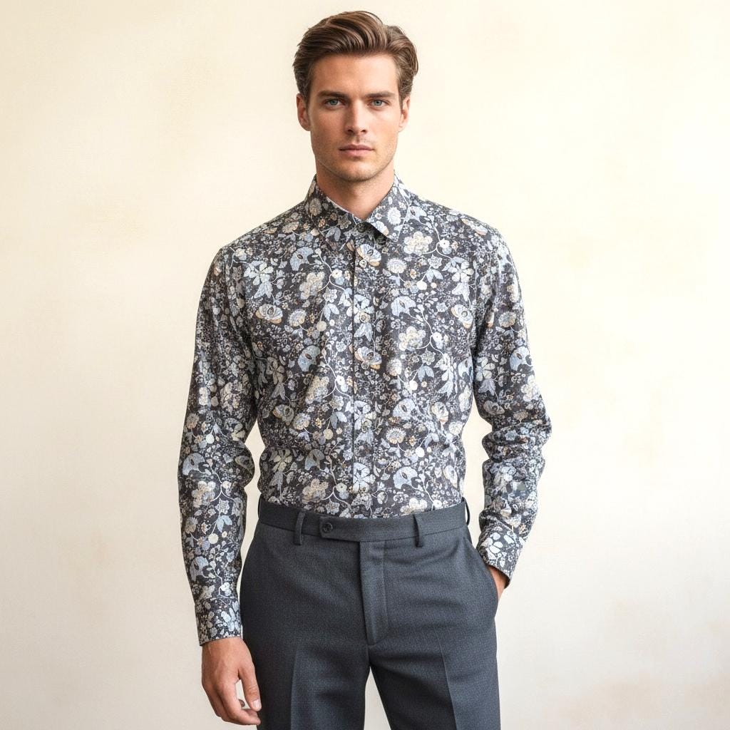 Liberty London Button Up Long Sleeves Dress Shirt, Slim Fit Handmade Floral Print Chemise