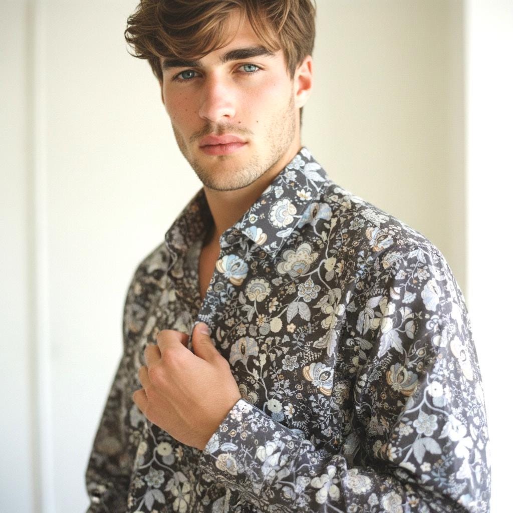 Liberty London Button Up Long Sleeves Dress Shirt, Slim Fit Handmade Floral Print Chemise