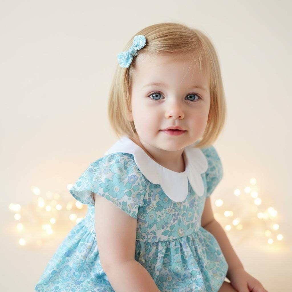Liberty London Floral Print Bubble Romper, Pastel Blue Collared Short Sleeves Cotton Handmade Playsuit