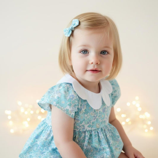Liberty London Floral Print Bubble Romper, Pastel Blue Collared Short Sleeves Cotton Handmade Playsuit