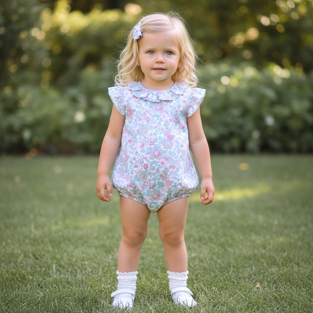 Liberty London Floral-Print Sleeveless Bubble Romper, Pierrot Collar Children-wear, Handmade Sustainable eco-friendly Floral-print Clothing
