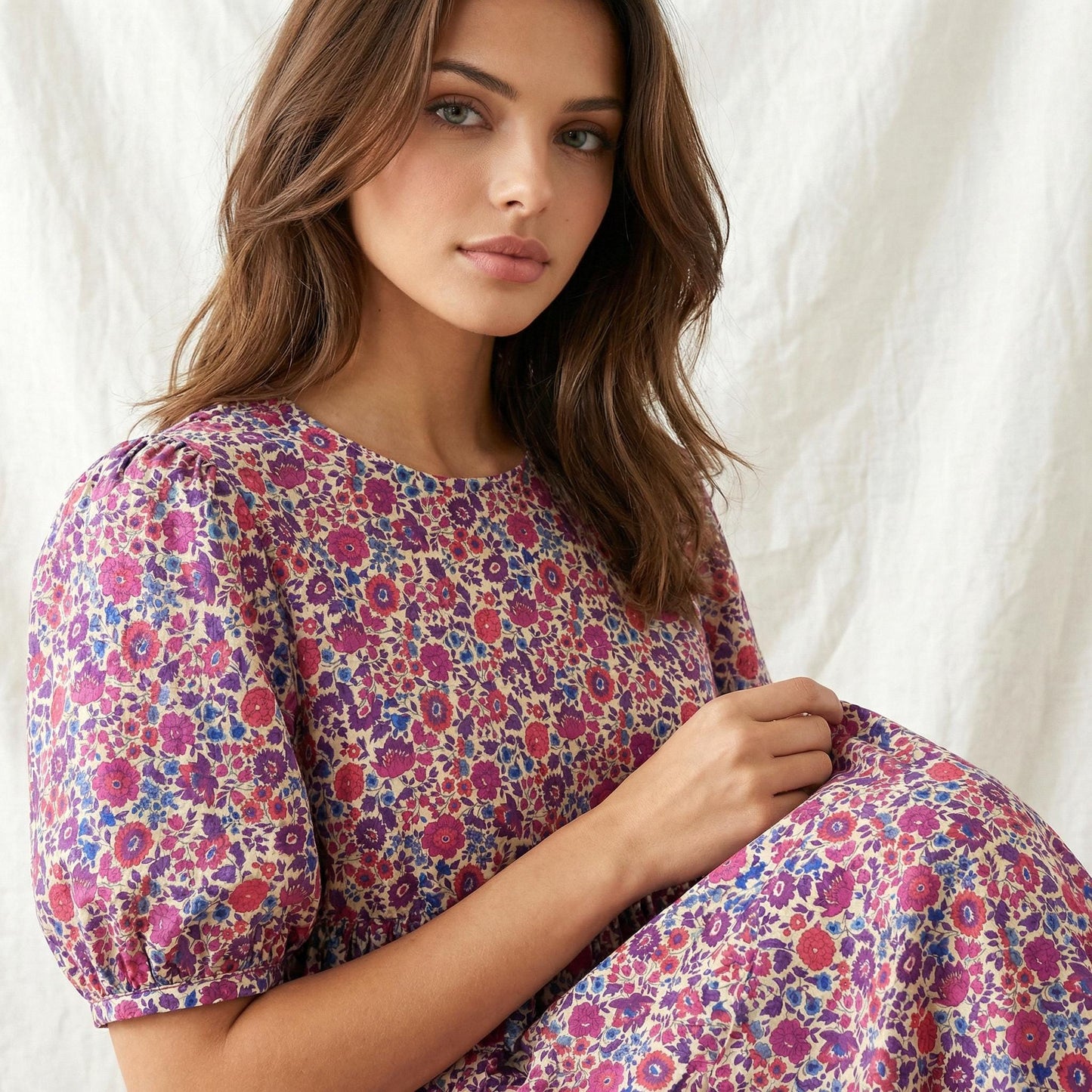 Liberty London Floral-Print Botanical Smock Short-sleeved Midi Dress, Handmade Sustainable Womenswear, Eco-friendly Clothing