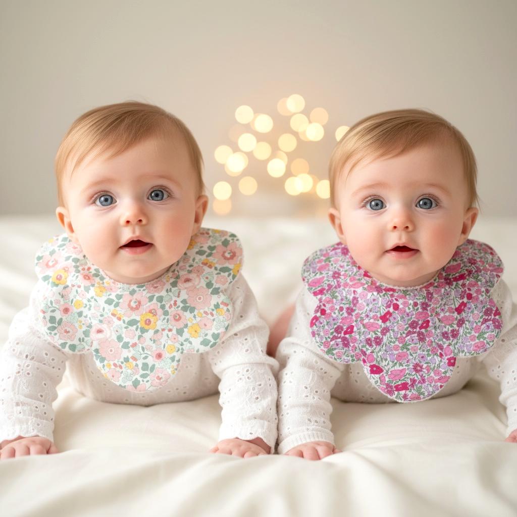 Liberty London Floral Print Bib Set, Pink Beige Disty Handmade Drool Catcher, Burping Cloth