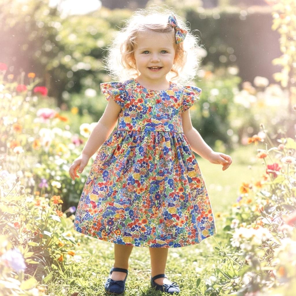 Liberty London Flutter Sleeveless Sun Dress, Rainbow Floral Print Handmade Cotton Tana Lawn Clothing