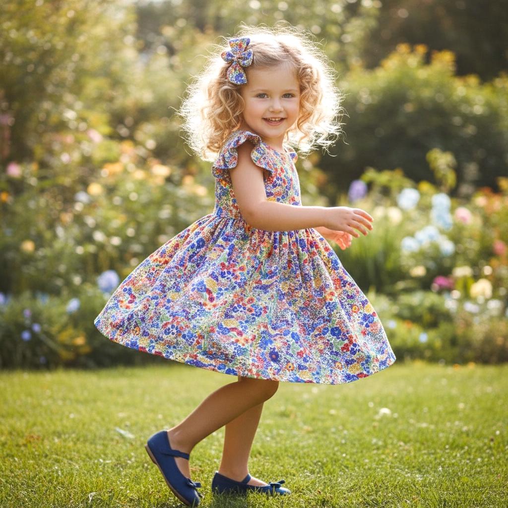 Liberty London Flutter Sleeveless Sun Dress, Rainbow Floral Print Handmade Cotton Tana Lawn Clothing