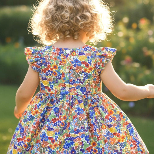 Liberty London Flutter Sleeveless Sun Dress, Rainbow Floral Print Handmade Cotton Tana Lawn Clothing