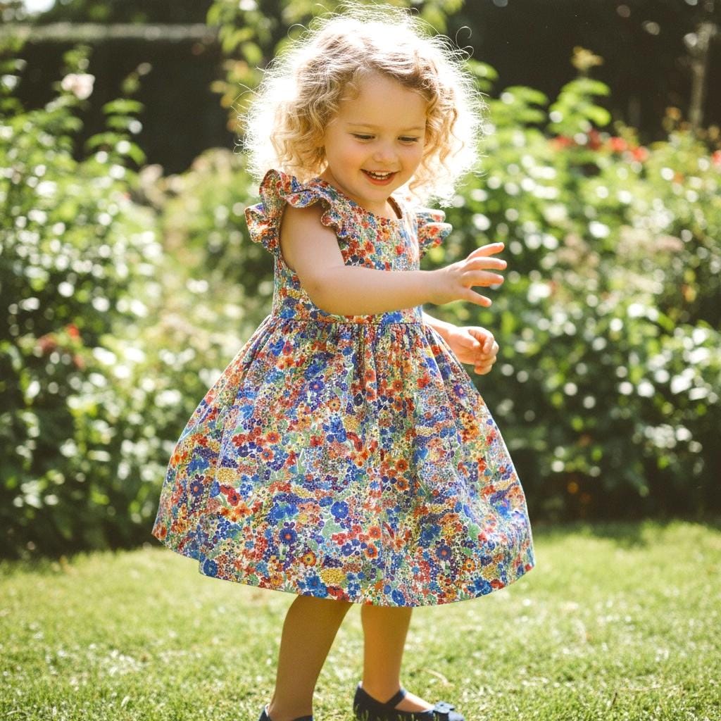 Liberty London Flutter Sleeveless Sun Dress, Rainbow Floral Print Handmade Cotton Tana Lawn Clothing