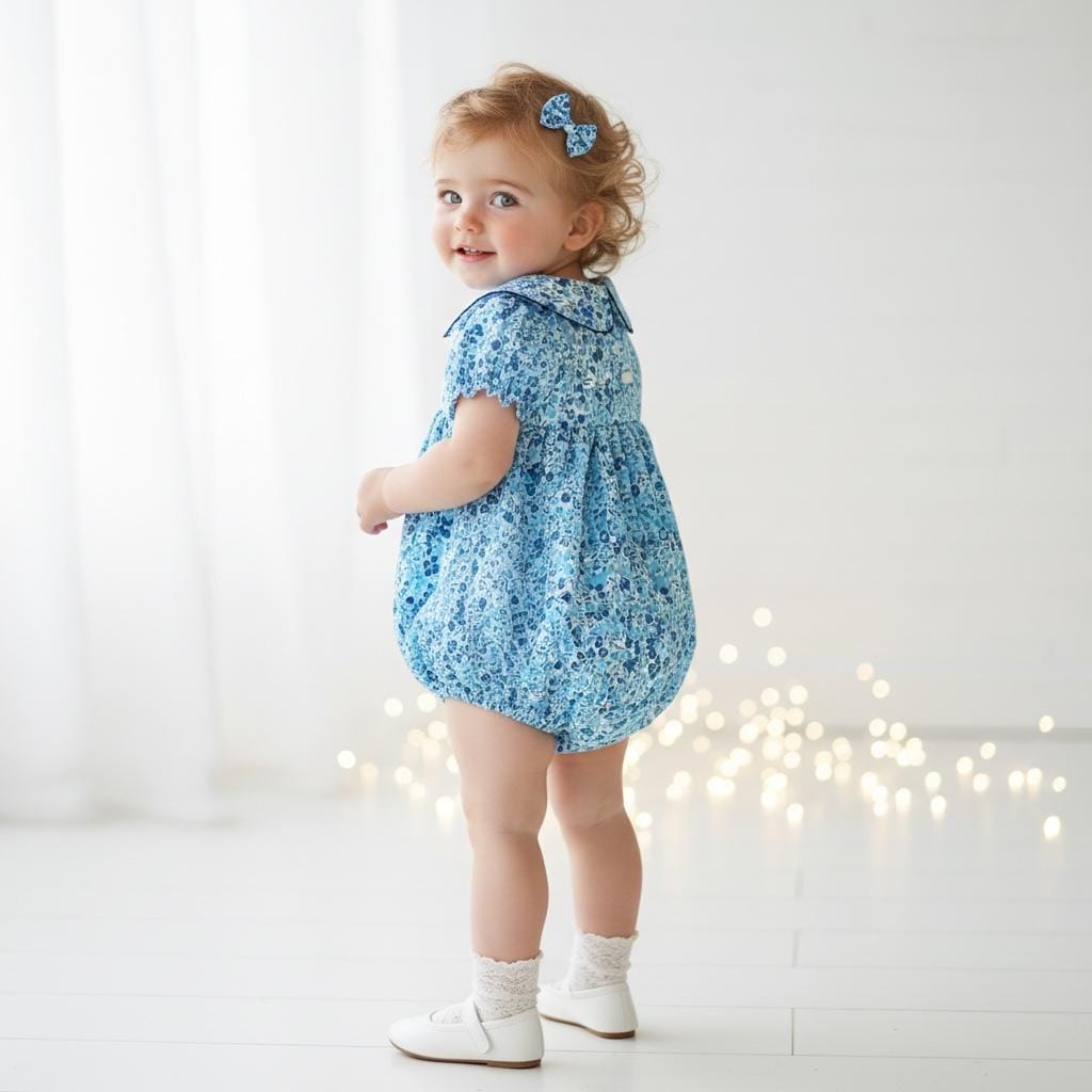 Liberty London Floral Print Blue Bubble Romper, Peter Pan Collar Short Sleeves Handmade Sunsuit