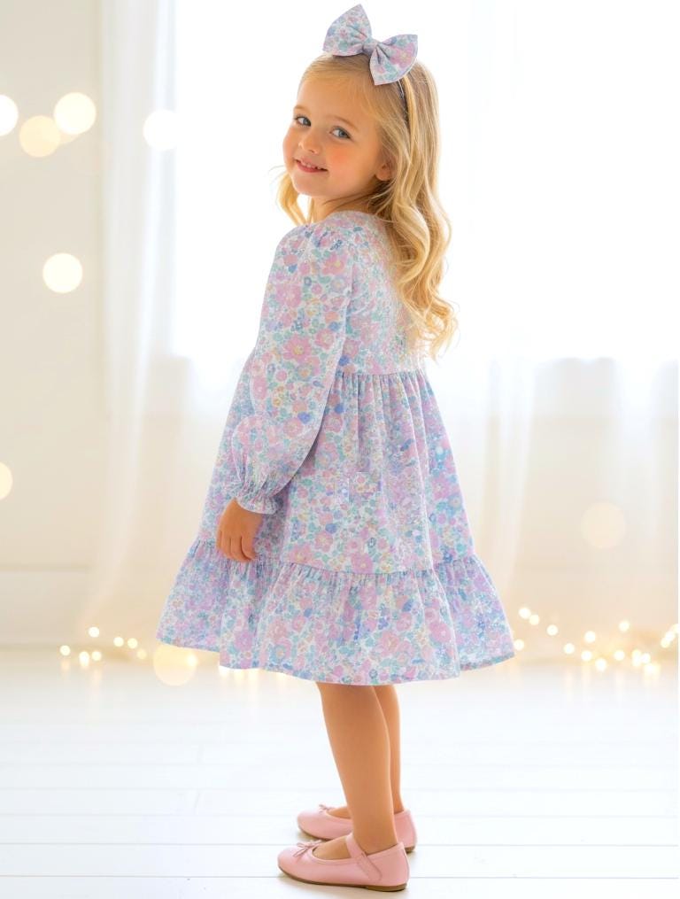 Liberty London Pastel Pink Long Sleeves Dress, Heirloom Wedding Flower Girl Gown, Handmade Clothing