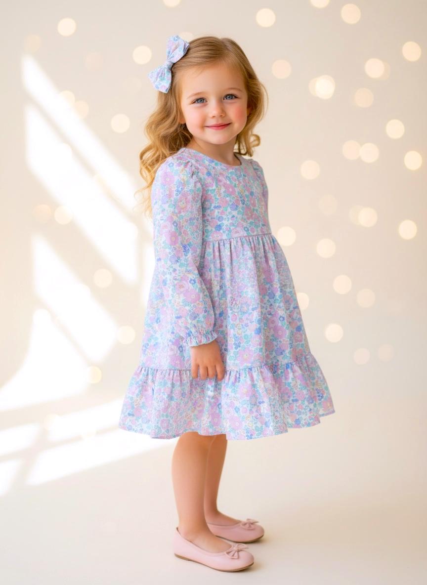 Liberty London Pastel Pink Long Sleeves Dress, Heirloom Wedding Flower Girl Gown, Handmade Clothing