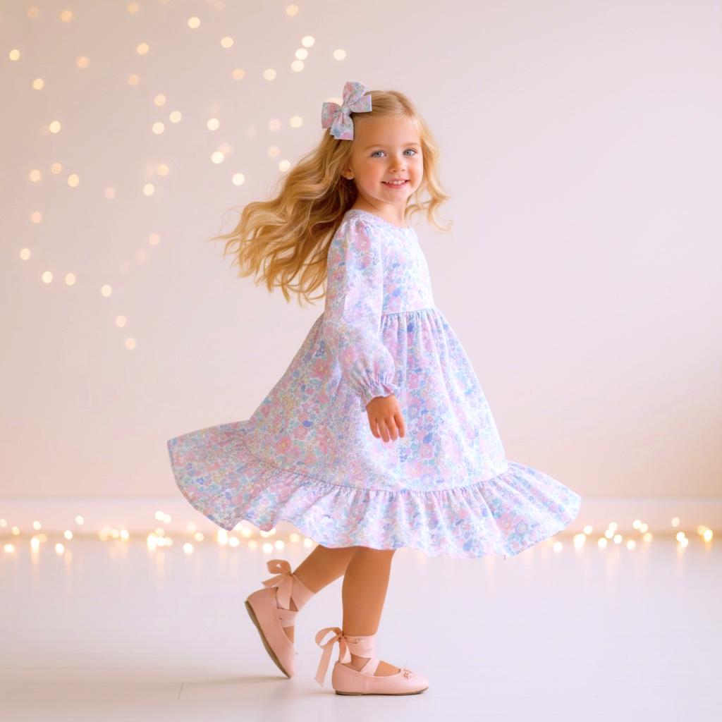 Liberty London Pastel Pink Long Sleeves Dress, Heirloom Wedding Flower Girl Gown, Handmade Clothing