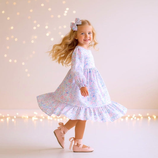 Liberty London Pastel Pink Long Sleeves Dress, Heirloom Wedding Flower Girl Gown, Handmade Clothing