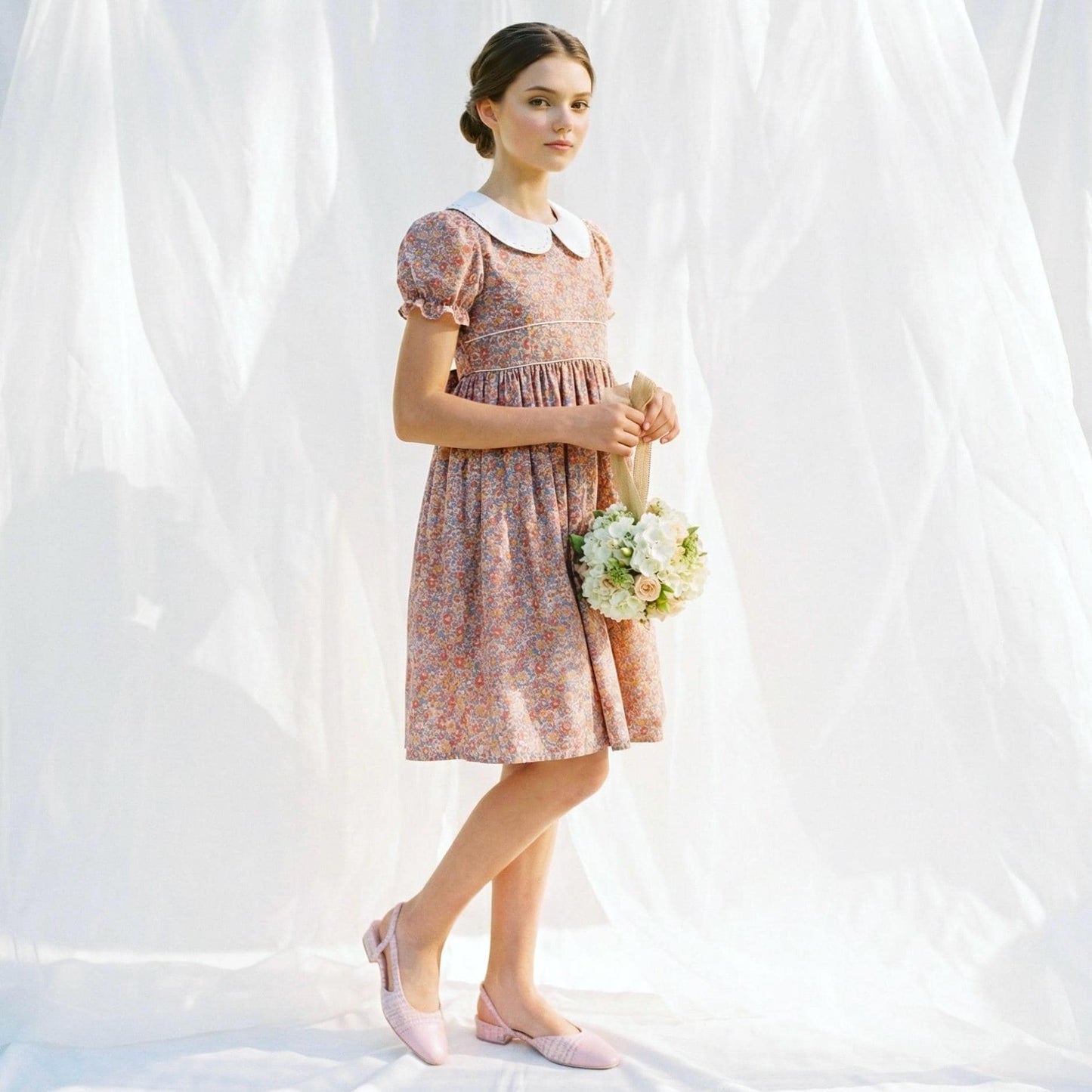 Liberty London Peter-Pan Collared Heirloom Dress, Wedding Flower Girl Gown, Slow-fashioned Sustainable Handmade Clothing