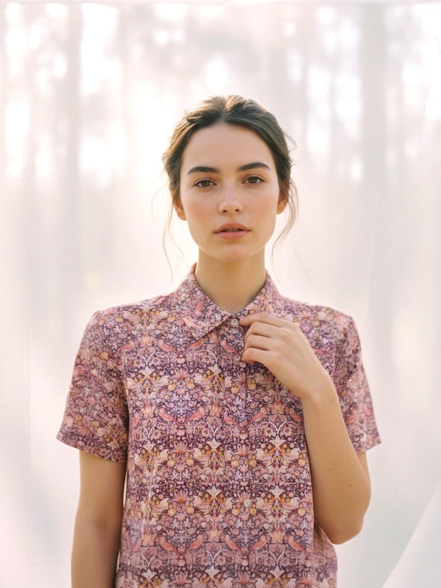 Liberty London Peter Pan Collar Short Sleeves Blouse, Handmade Purple Strawberry Thief Print Top