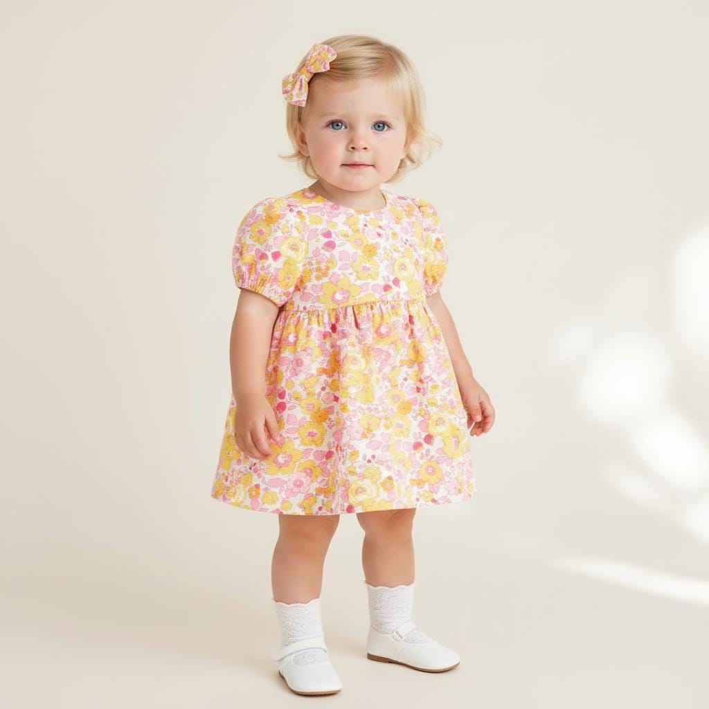 Liberty London Pink Yellow Handmade Sun Dress, Puffed Short Sleeves Ditsy Floral Print Dress
