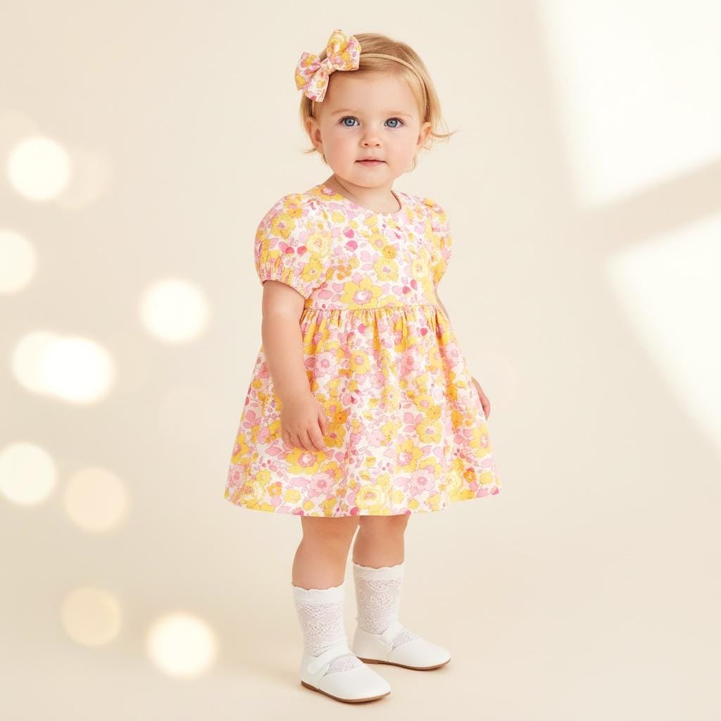 Liberty London Pink Yellow Handmade Sun Dress, Puffed Short Sleeves Ditsy Floral Print Dress