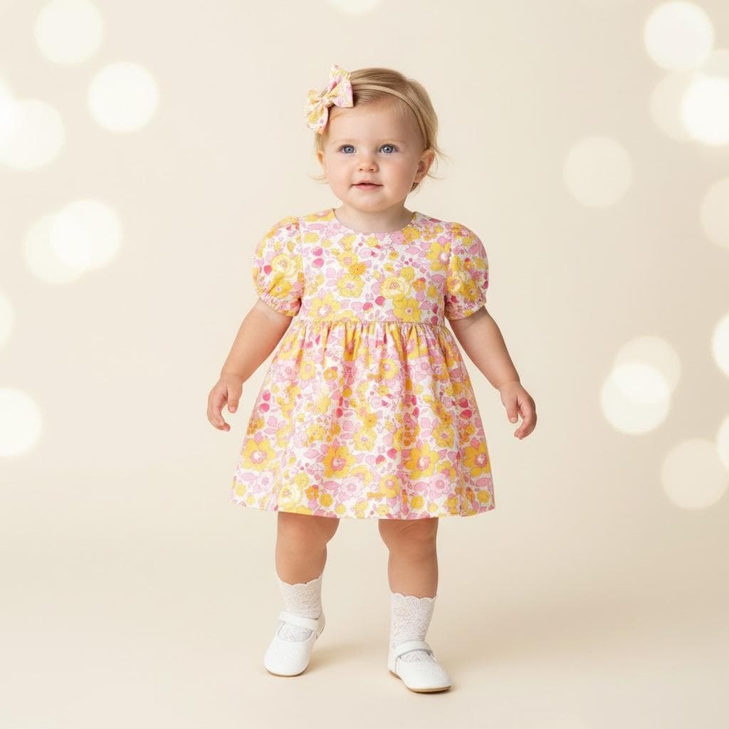 Liberty London Pink Yellow Handmade Sun Dress, Puffed Short Sleeves Ditsy Floral Print Dress