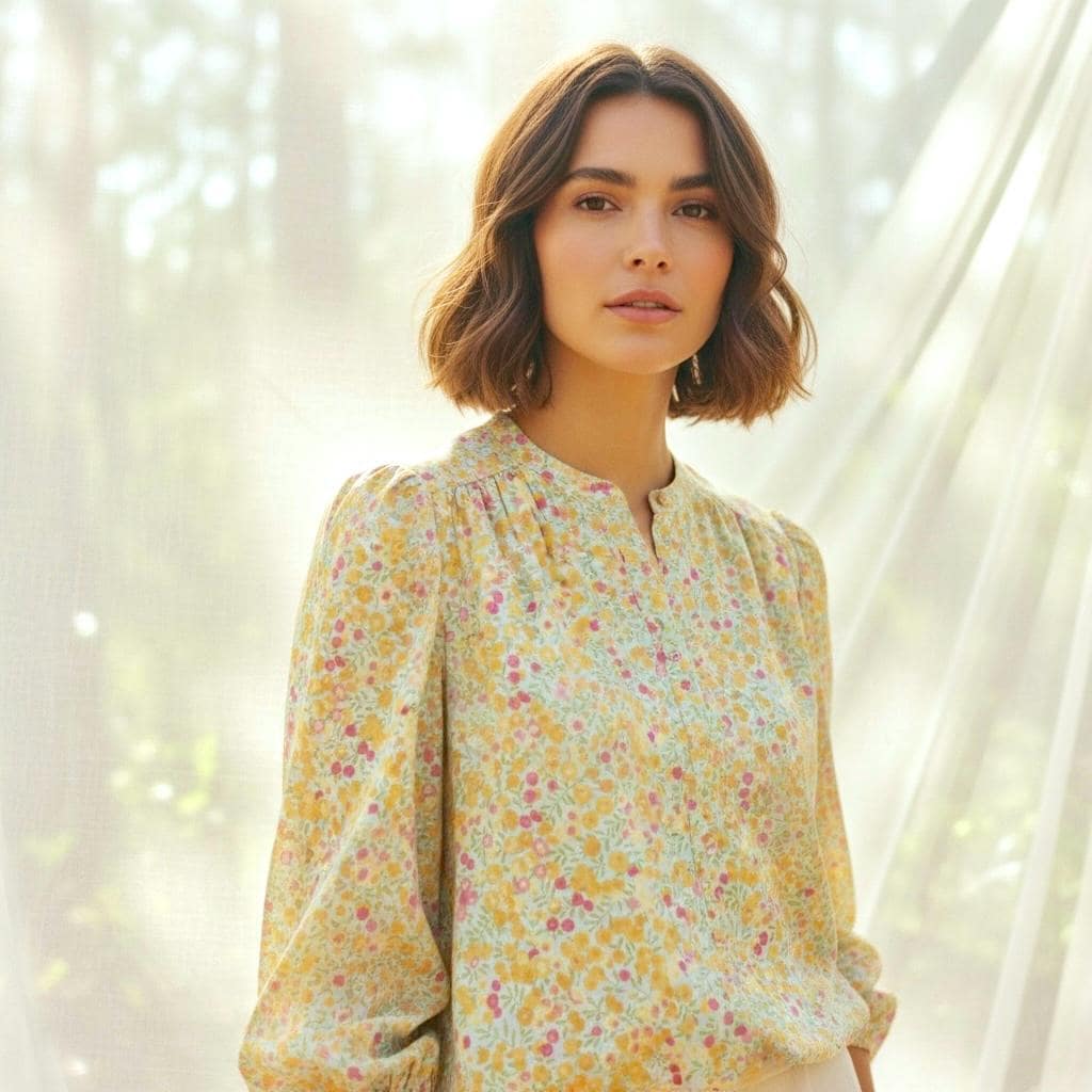 Liberty London Mandarin Collar 3/4 Bishop Sleeves Draping Blouse, Handmade Ditsy Floral Print Shirt