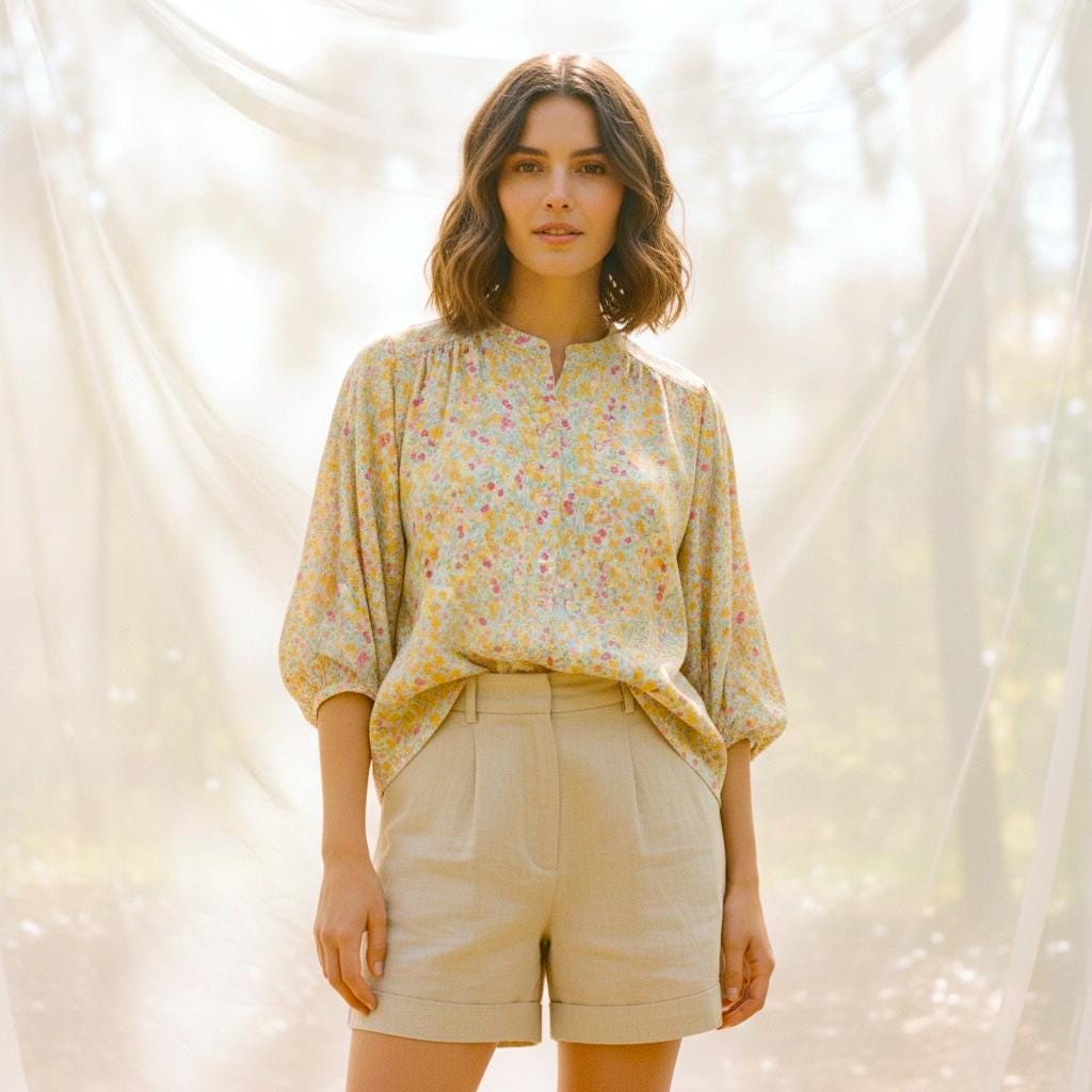 Liberty London Mandarin Collar 3/4 Bishop Sleeves Draping Blouse, Handmade Ditsy Floral Print Shirt