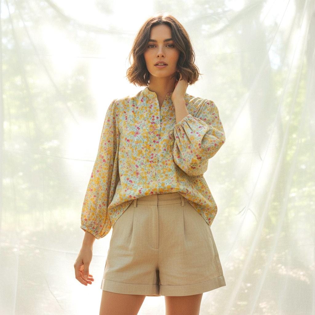 Liberty London Mandarin Collar 3/4 Bishop Sleeves Draping Blouse, Handmade Ditsy Floral Print Shirt