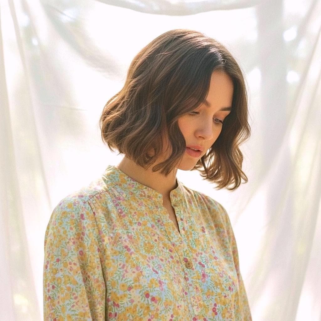 Liberty London Mandarin Collar 3/4 Bishop Sleeves Draping Blouse, Handmade Ditsy Floral Print Shirt