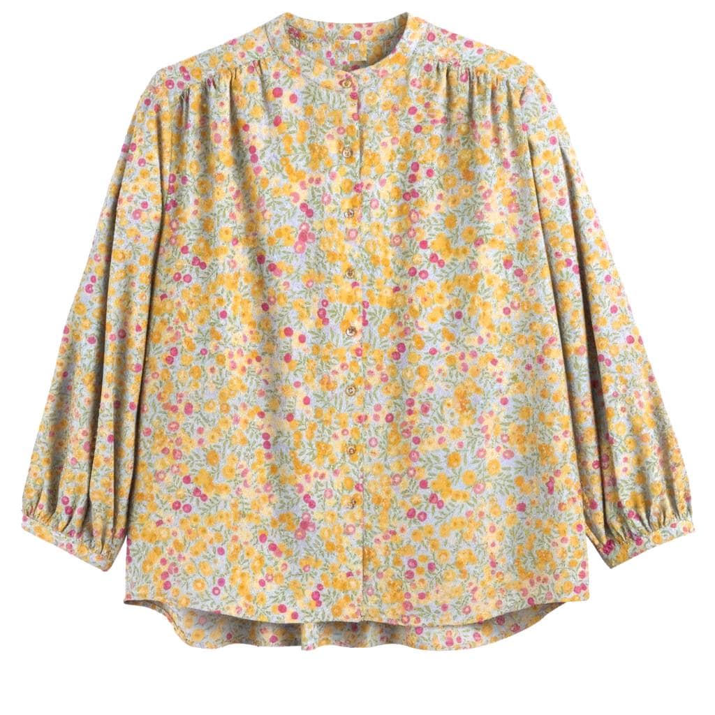 Liberty London Mandarin Collar 3/4 Bishop Sleeves Draping Blouse, Handmade Ditsy Floral Print Shirt