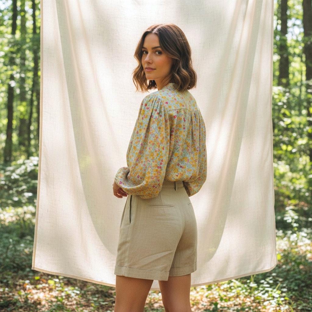 Liberty London Mandarin Collar 3/4 Bishop Sleeves Draping Blouse, Handmade Ditsy Floral Print Shirt