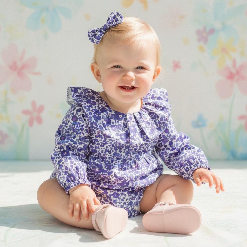 Liberty London Long Sleeves Pierrot Collar Bubble Playsuit, Blue Purple Handmade Floral Print Clothing