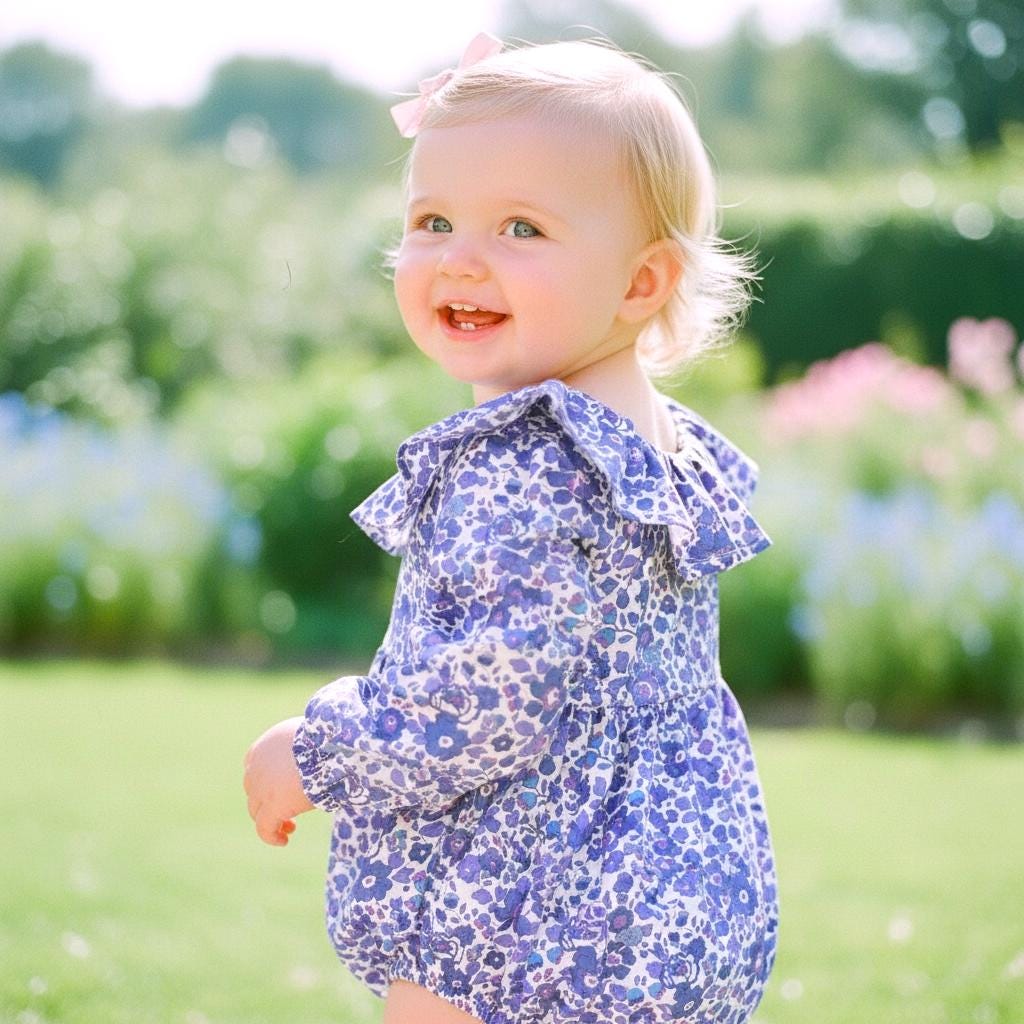 Liberty London Long Sleeves Pierrot Collar Bubble Playsuit, Blue Purple Handmade Floral Print Clothing