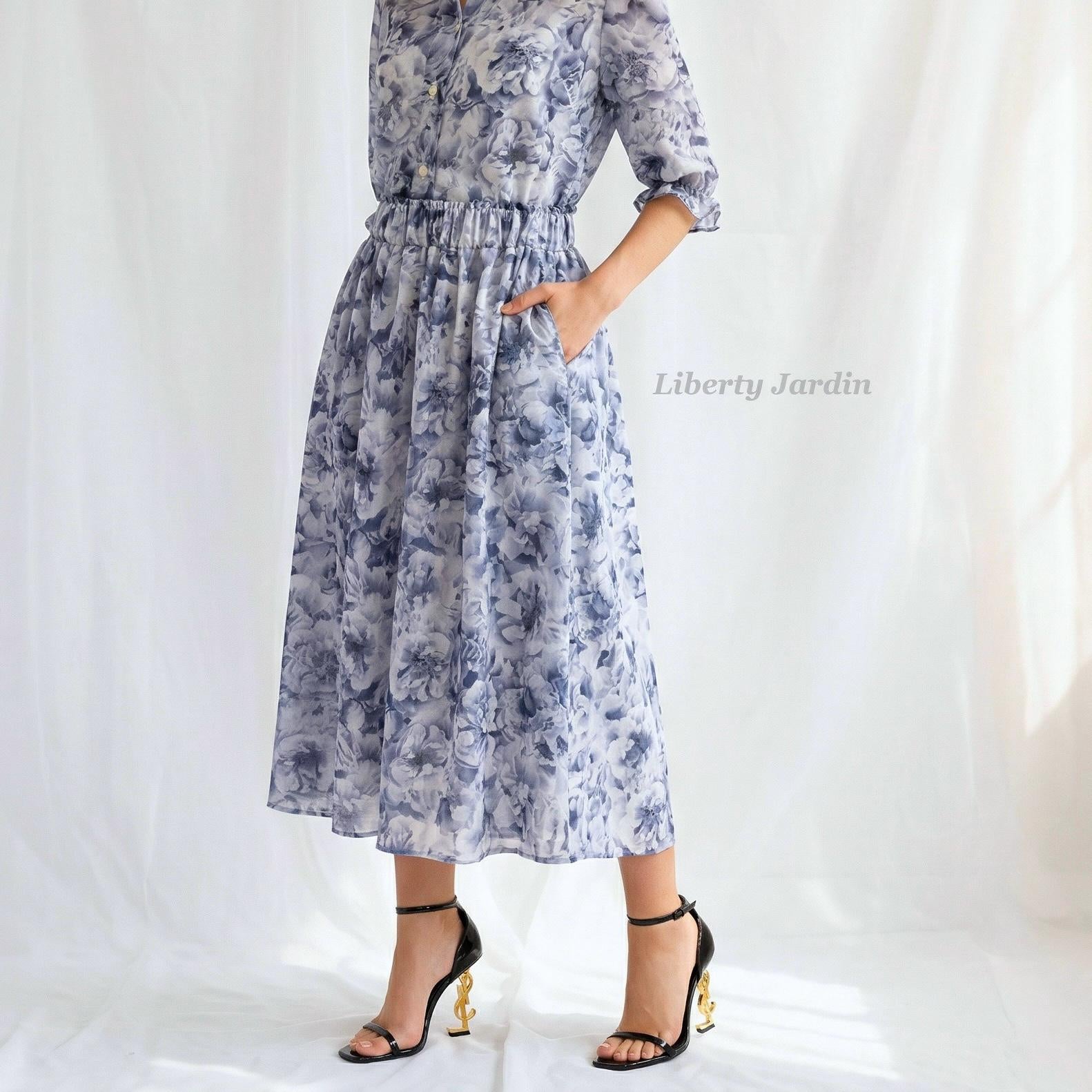 Liberty London Midi Skirt, Peony Print Cotton Lawn, Elastic Waist