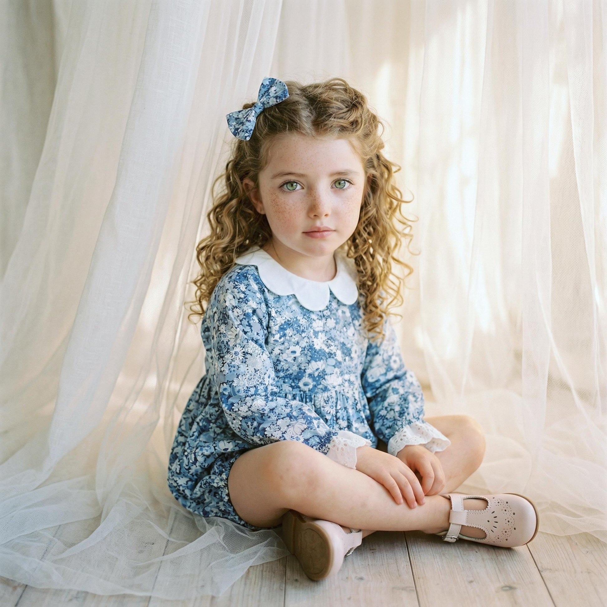 Long Sleeve Liberty London Baby Bubble Romper: Ruffle Collar, Ditsy Floral Print Onesie