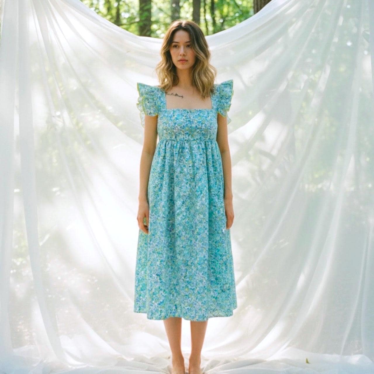 Boho V Neck Liberty Print Dress Long Sleeve: Ditsy Botanical Floral, Tiered Midi Dress