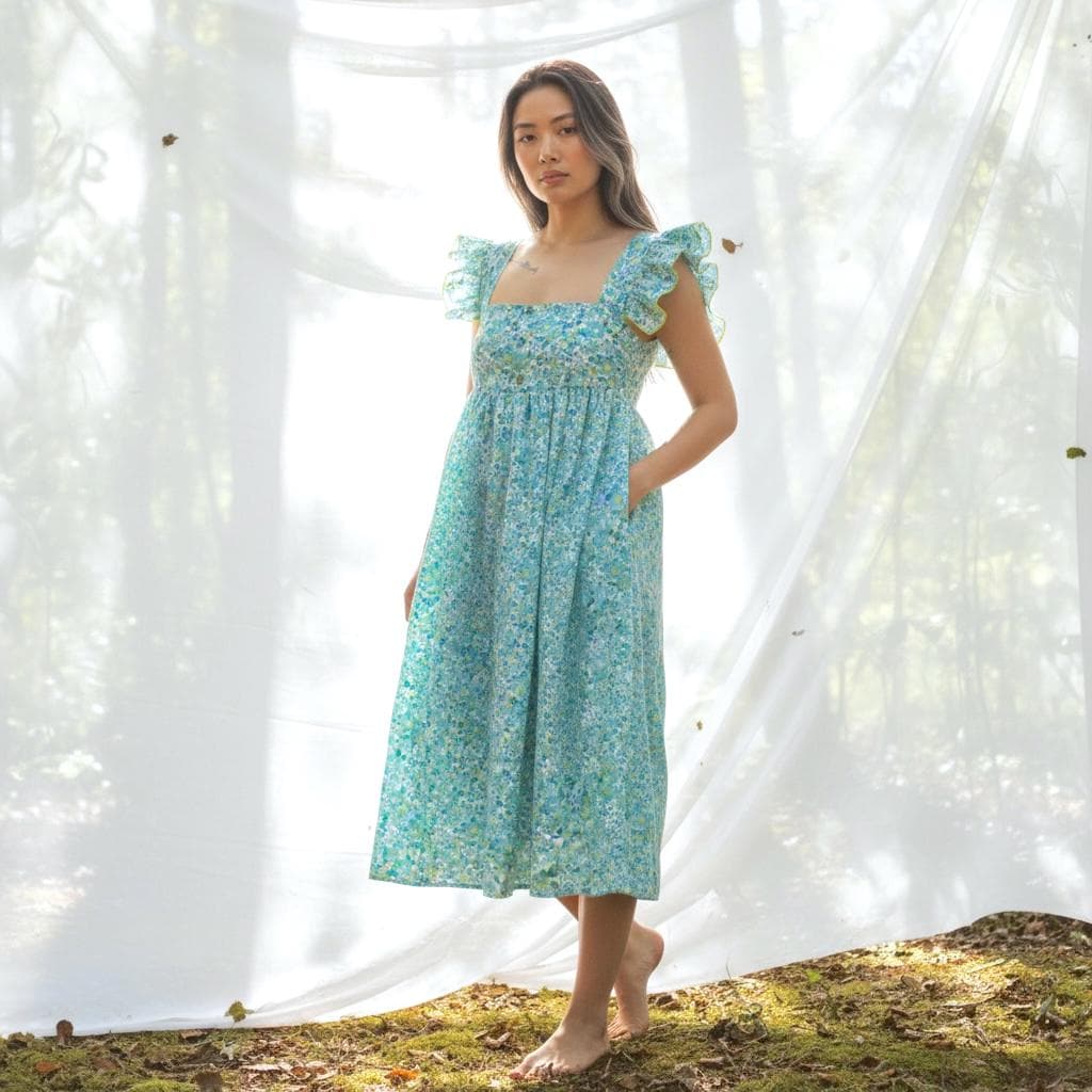 Boho V Neck Liberty Print Dress Long Sleeve: Ditsy Botanical Floral, Tiered Midi Dress