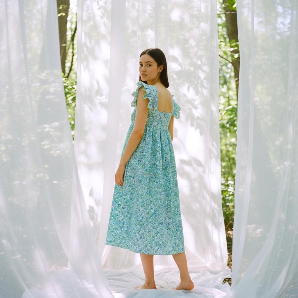 Boho V Neck Liberty Print Dress Long Sleeve: Ditsy Botanical Floral, Tiered Midi Dress