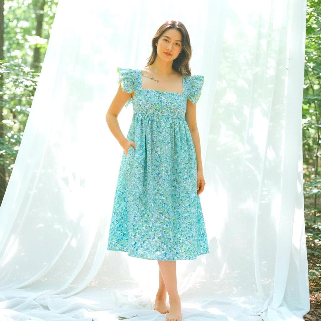 Boho V Neck Liberty Print Dress Long Sleeve: Ditsy Botanical Floral, Tiered Midi Dress